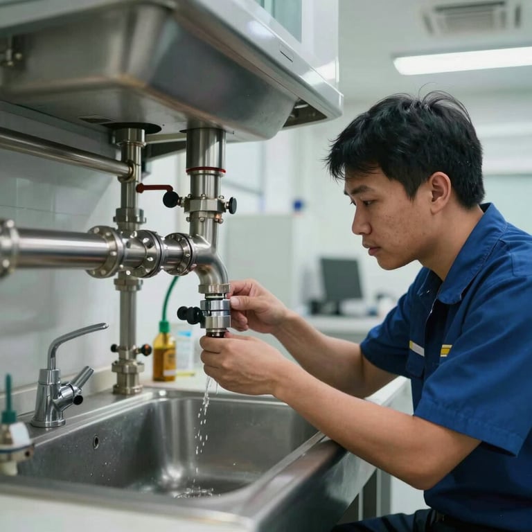 A Southeast Asian technician inspecting a complex pipe system under a modern commercial sink, bright office lighting.