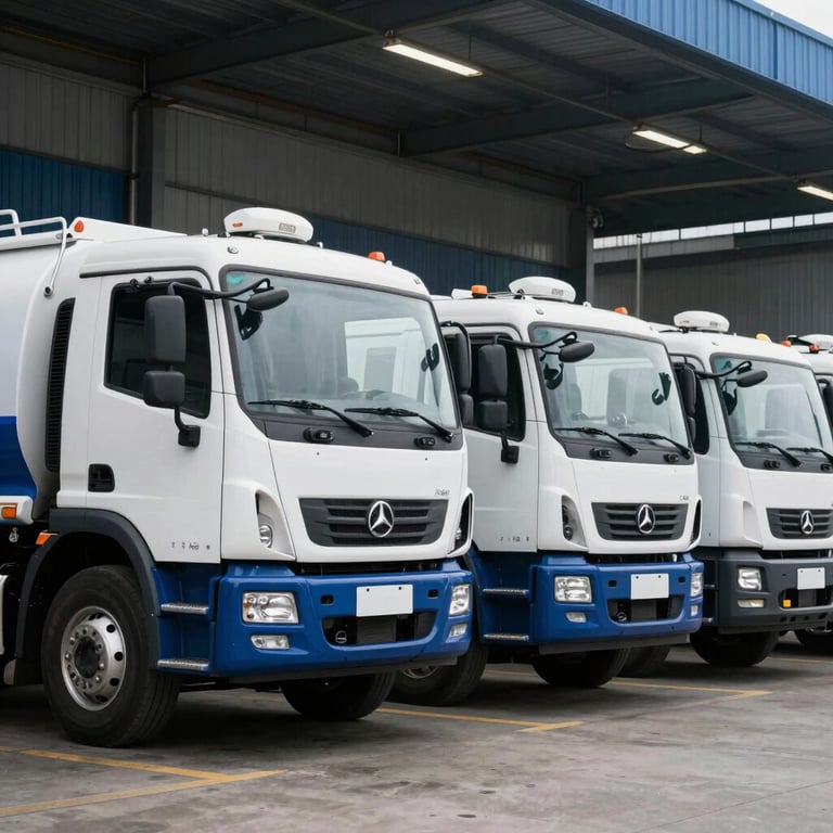 A fleet of clean white and Deep Blue septic service trucks lined up professionally at a depot.