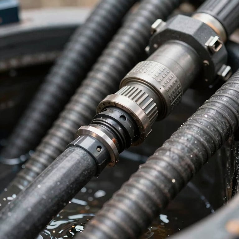 Close-up of industrial-grade vacuum hoses and equipment used for professional septic tank siphoning.