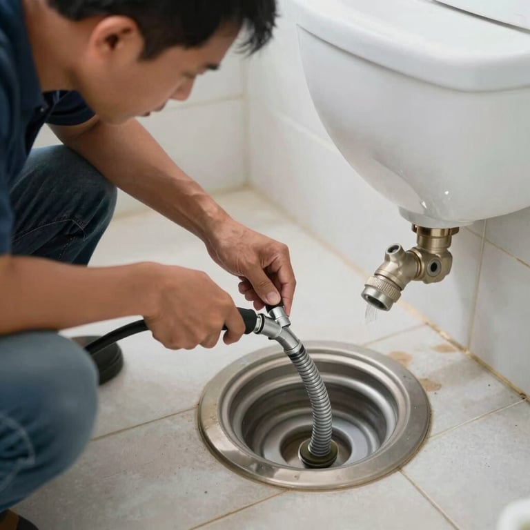 A professional plumber in a Southeast Asian setting using a modern plumbing snake to clear a bathroom drain, daylight composition.