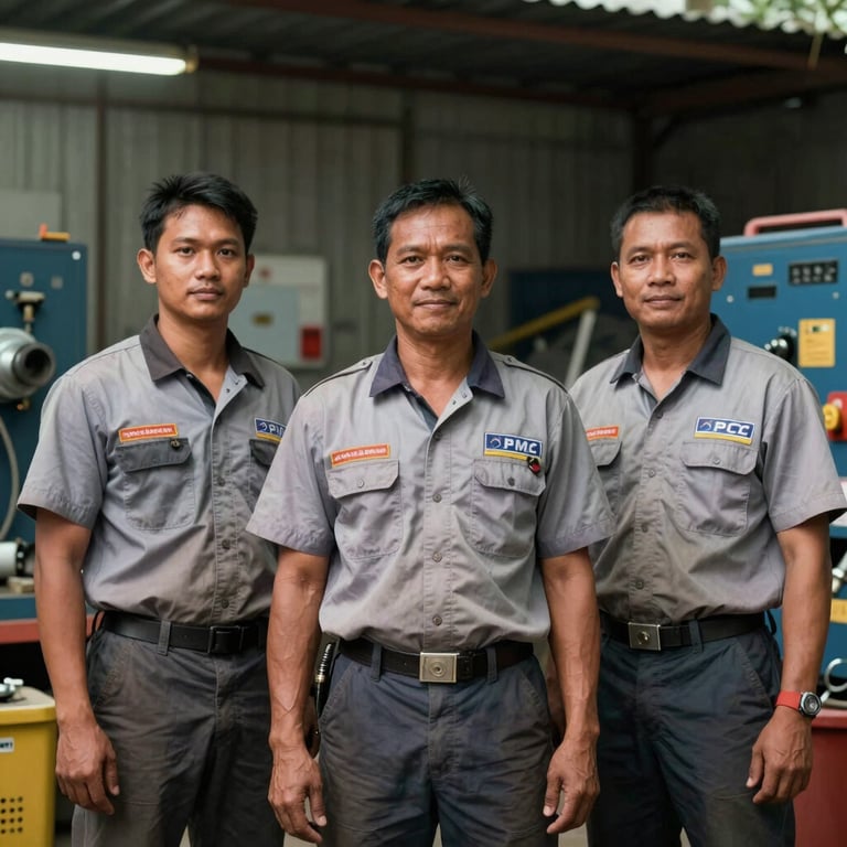 A professional team of three Southeast Asian plumbers in matching uniforms standing proudly in front of their equipment.