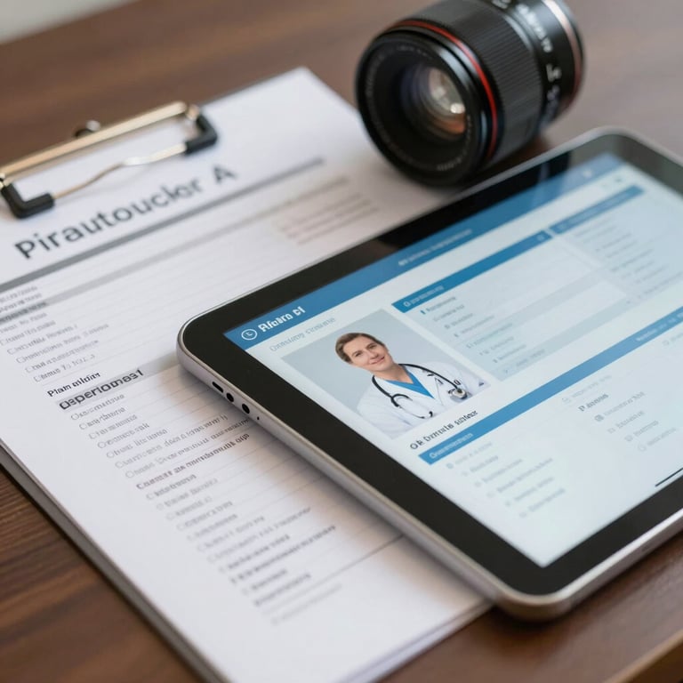 A close-up of medical files and a digital tablet showing a professional healthcare interface.