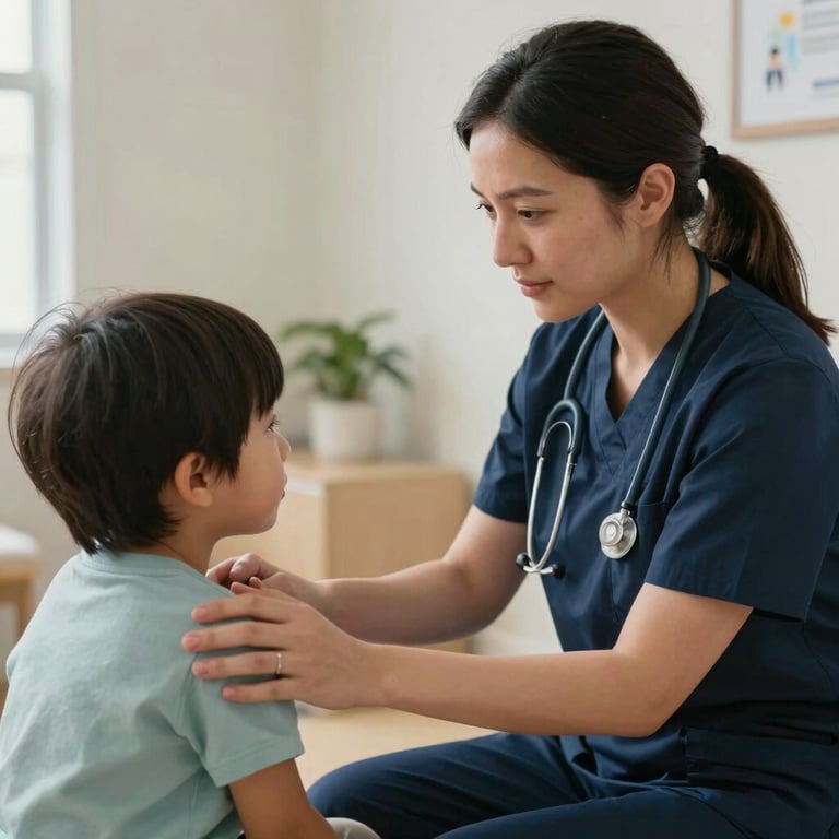 A compassionate nurse practitioner performing a checkup on a child in a North American / US pediatric room.
