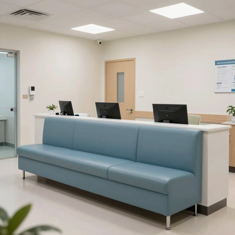 A clean, modern clinic reception area with dusty blue seating in a North American / US medical office.