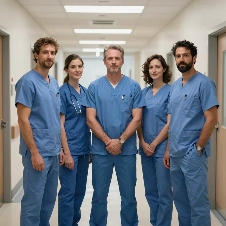 A team of healthcare professionals in blue scrubs standing together in a bright North American / US clinic hallway.