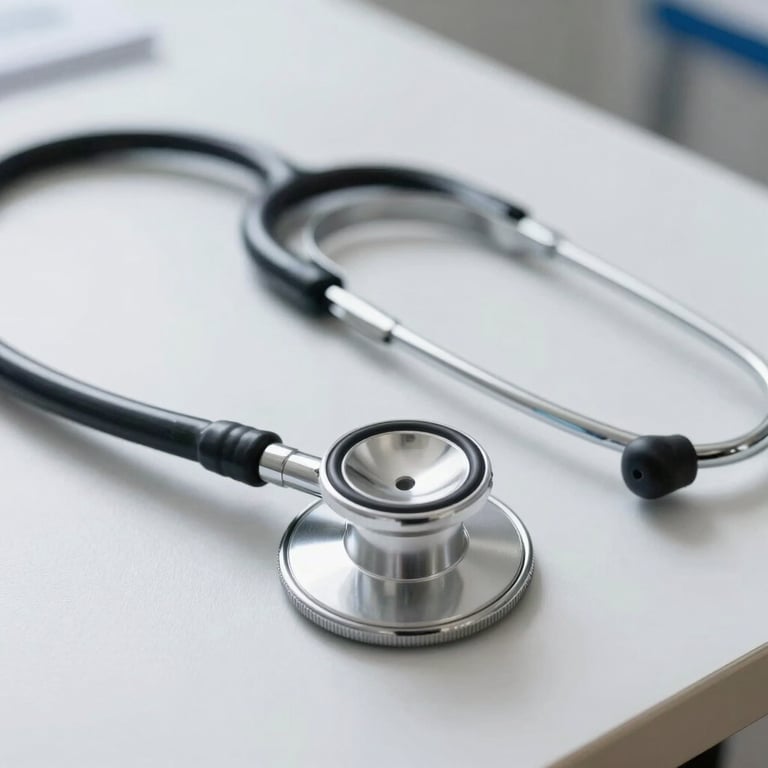 A close-up of a stethoscope resting on a clean white medical table with soft natural lighting.