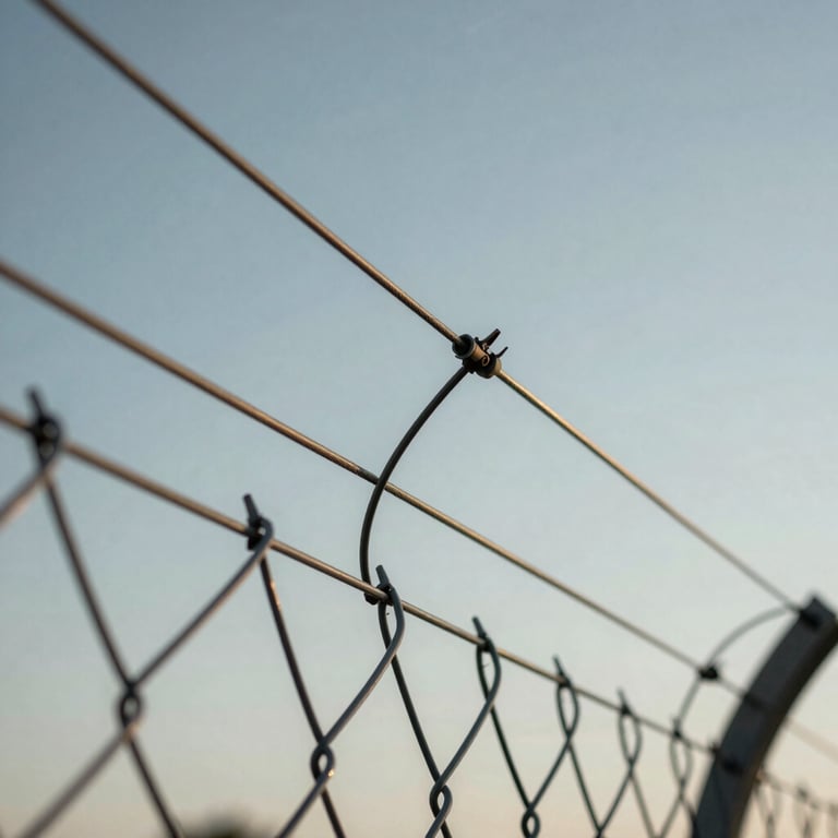 Close-up of sleek electric fence wires against a clear sky, highlighting secure installation details.