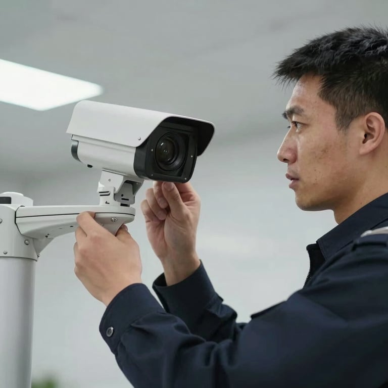 Detail of a security technician in a professional uniform configuring a high-resolution surveillance camera.