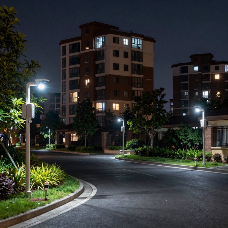Night view of a residential perimeter illuminated by bright security lighting and motion sensors.