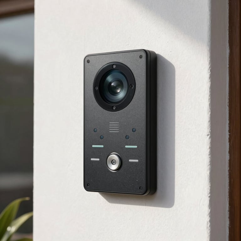 A modern electronic video intercom mounted on a clean exterior wall in an Ecuadorian residence.
