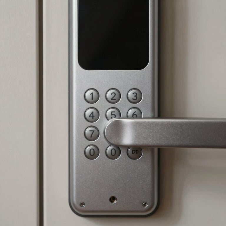 Close-up of a secure electronic door lock and keypad with a modern design in silver tones.