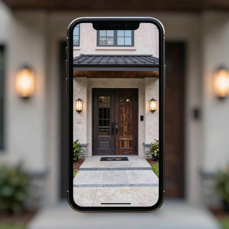 A smartphone screen displaying real-time security camera footage of a modern house entrance.