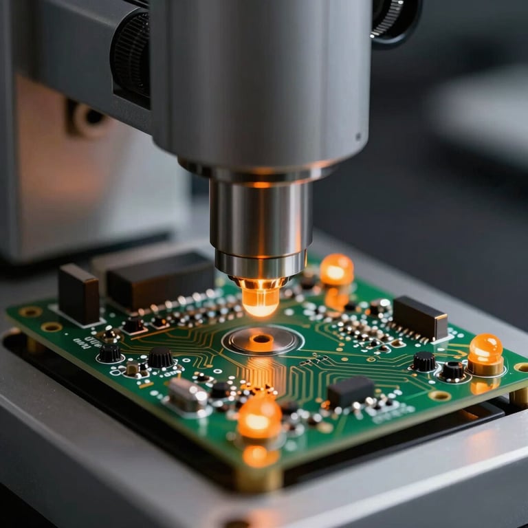High-contrast close-up of a custom circuit board undergoing automated optical inspection, bright safety orange indicator lights reflecting on solder joints, clean dark background.