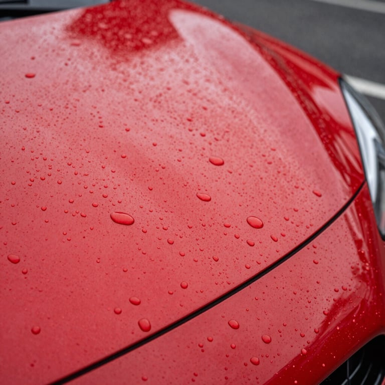 Close-up of water beads rolling off a bright red car hood that has just been treated with a professional wax.