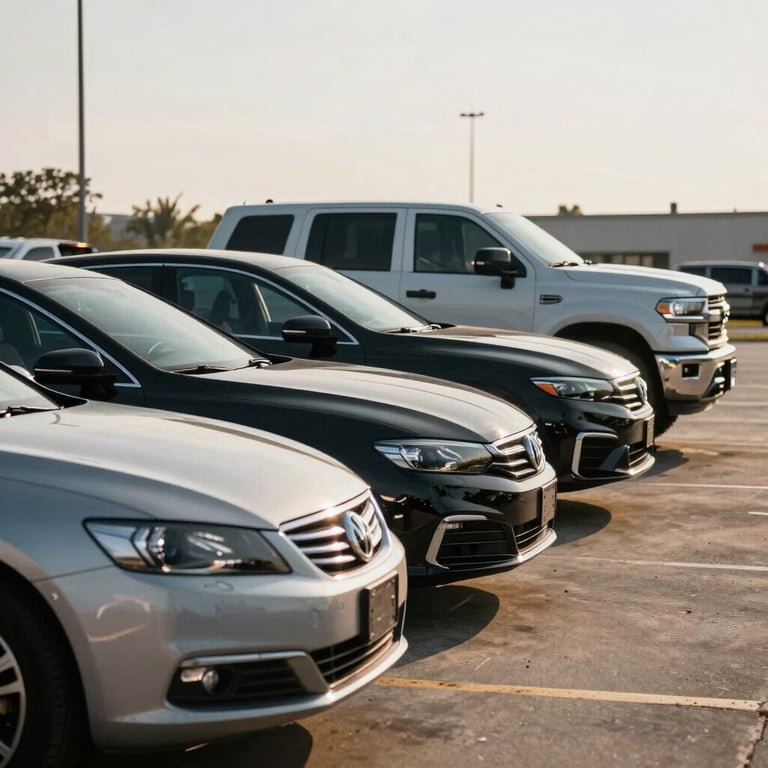 A line of finished vehicles, ranging from sedans to trucks, all gleaming under the bright afternoon sun in the US.
