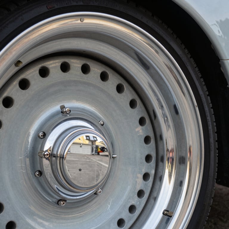Macro shot of a polished chrome rim reflecting a pristine North American garage setting, emphasizing cleanliness.