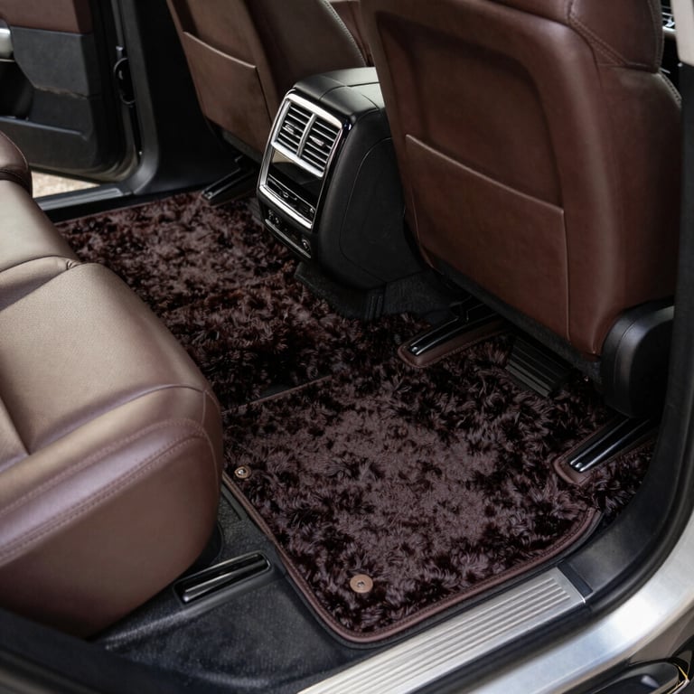 Interior detail showing perfectly vacuumed dark carpets and treated leather seats in a high-end SUV.