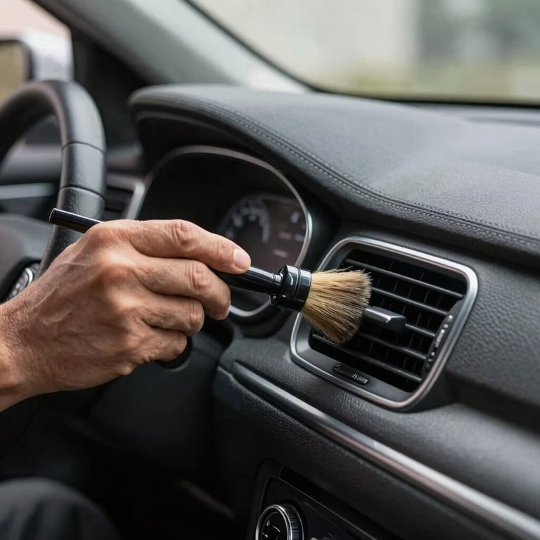 Technician using a soft brush to clean the intricate vents and dashboard of a modern car interior.