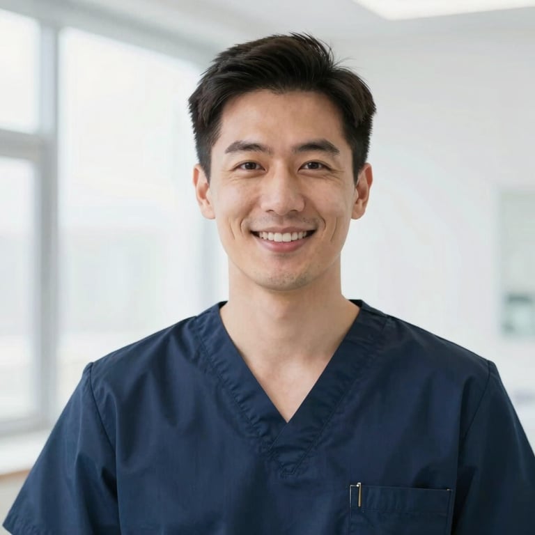 A professional portrait of a male dentist with a friendly, reassuring expression, clean clinical scrubs, soft studio lighting