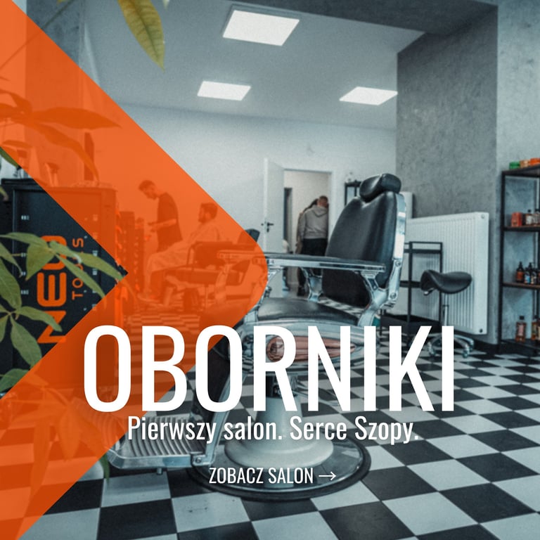 Professional barber chair in a modern barbershop in Oborniki with black and white checkered floor.
