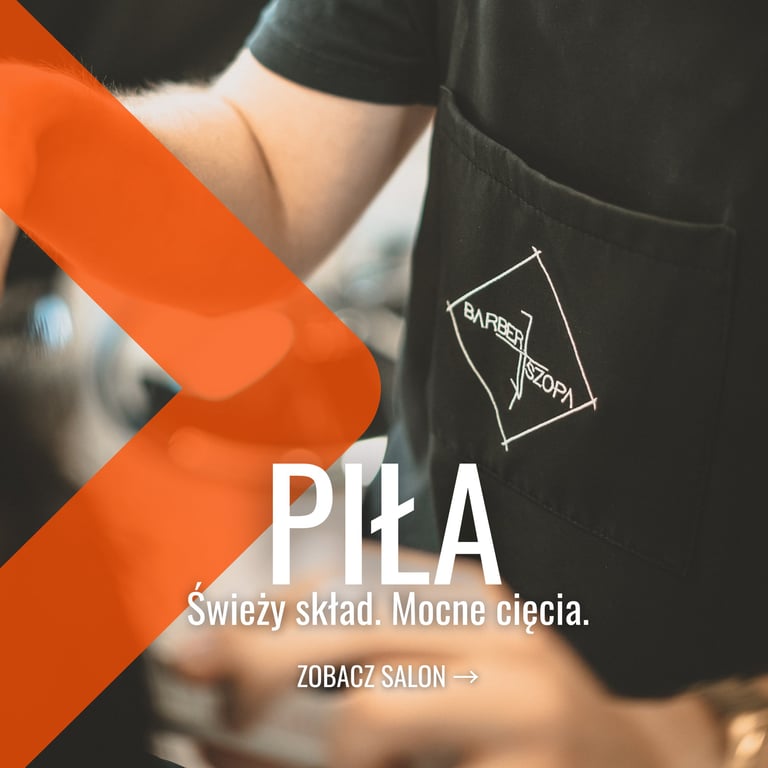 Professional barber in a black apron with the Barber Szopa logo offering expert haircuts in Piła.