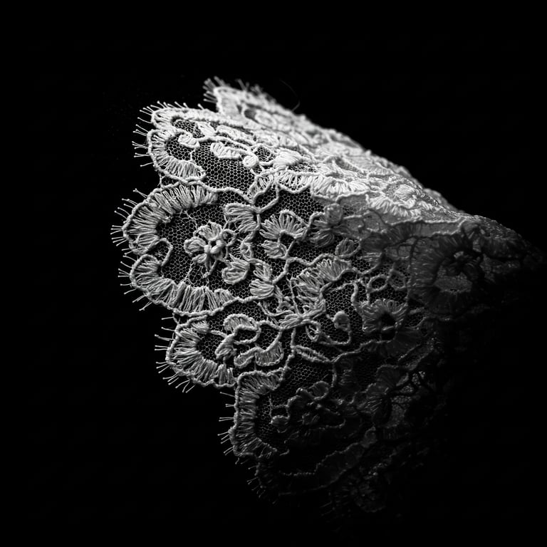 Close-up of intricate white floral lace embroidery with scalloped edges against a black background.