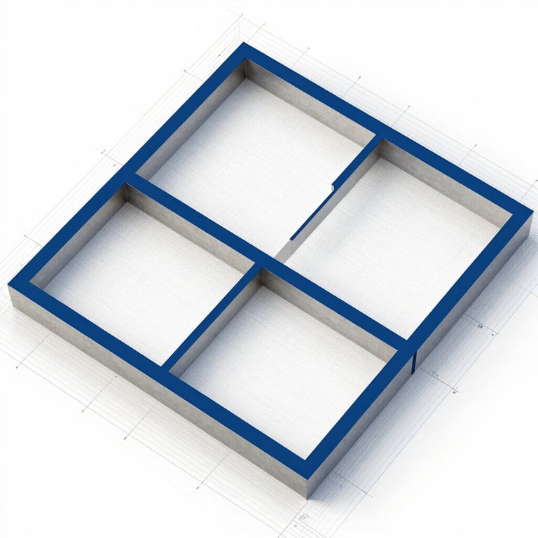 Overhead architectural diagram of modular system boundaries — clearly delineated rectangular zones labeled with regulatory domains, steel-blue border lines separating each zone, clean white background with precise technical grid lines, no human figures, even studio lighting