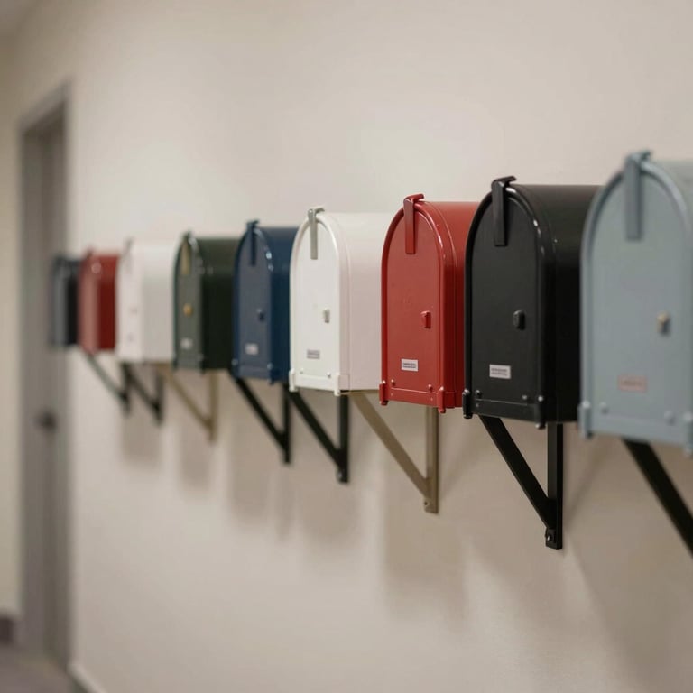 A group of diverse residential mailboxes in a modern hallway, clean and orderly, representing community management.