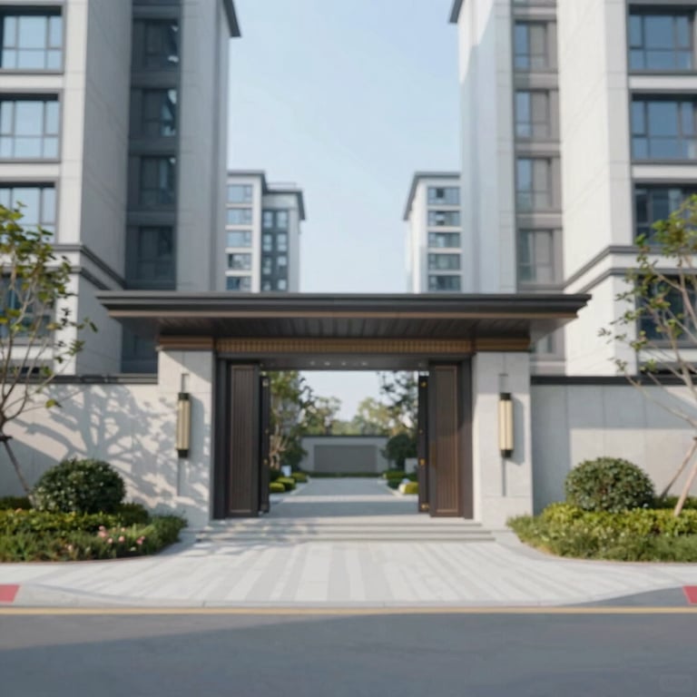 A detailed shot of a modern residential complex entrance, bright and welcoming, featuring #AABCBF tones.