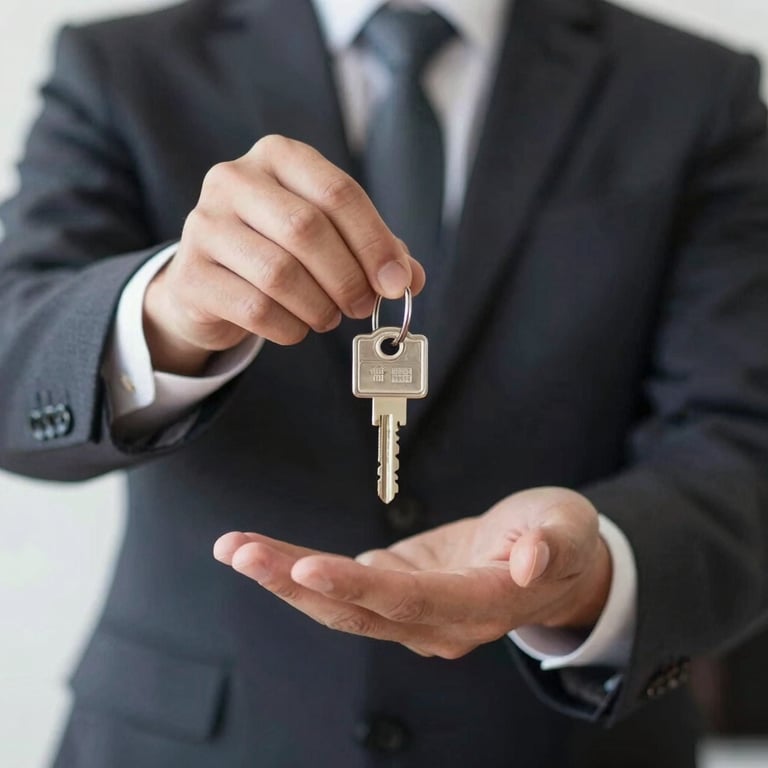 Close-up of a professional person handing over a set of house keys, symbolizing trust and successful management.