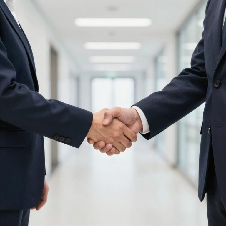 Two professionals shaking hands in a bright, modern corridor, emphasizing personalized care and professional relationships.