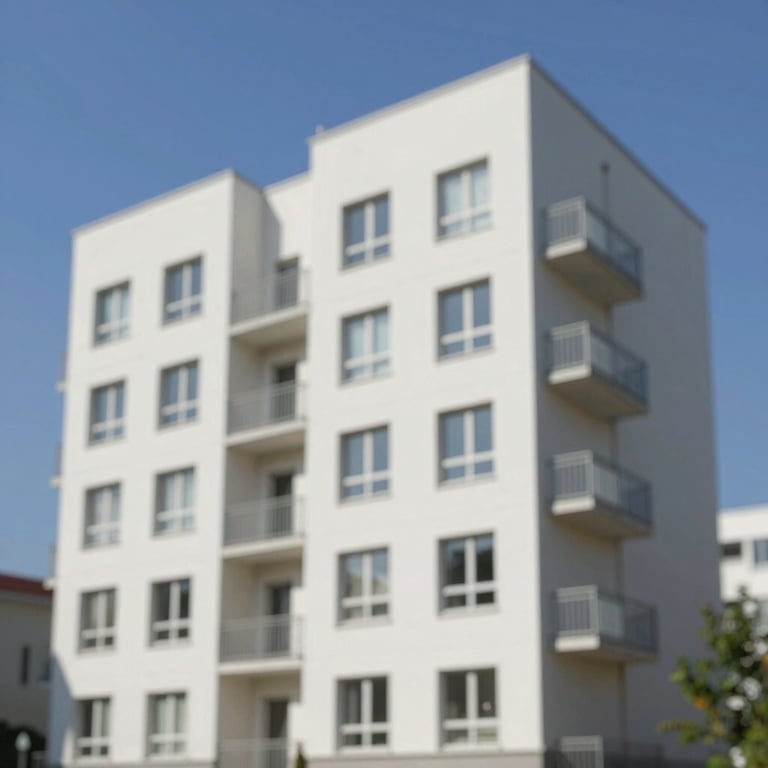 The exterior of a clean, well-maintained apartment building against a clear blue sky, showing responsible management.
