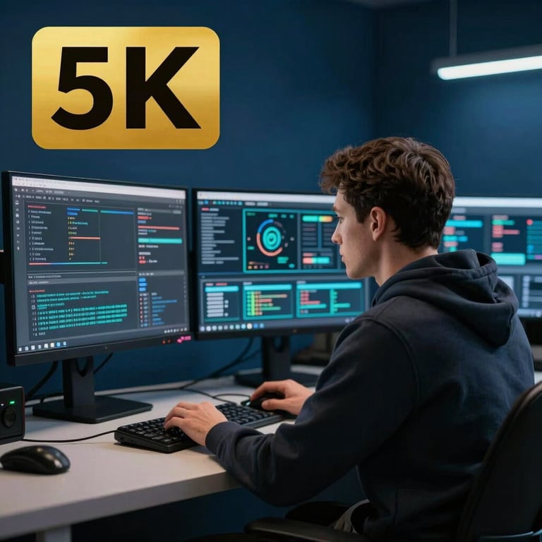 A man in a dark hoodie studying multiple monitors displaying complex data interfaces in a Midnight Blue room.