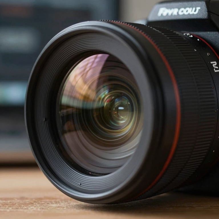 Close-up of a professional camera lens reflecting a digital interface in a tech-focused studio setting.