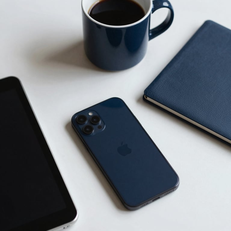 A clean, top-down view of a designer's desk with a smartphone, a tablet, and a coffee mug in Obsidian Navy tones.