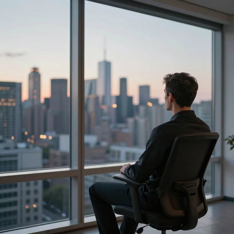 A man sitting in a ergonomic chair facing a large window with a city skyline at dusk, lit by soft Arctic White interior light.
