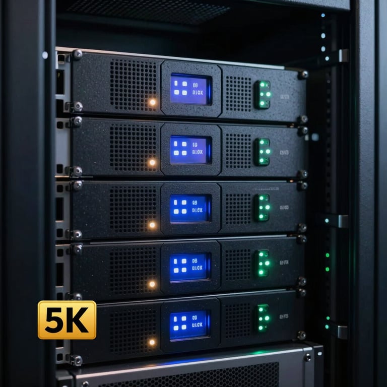 Macro shot of a high-tech server rack with glowing Digital Periwinkle indicator lights in a dark data center.