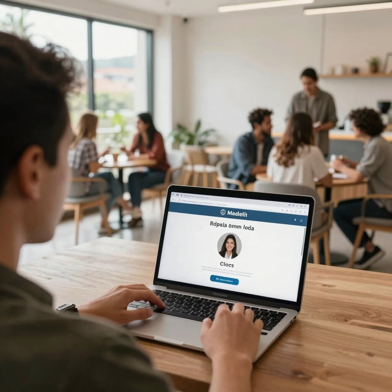 Over-the-shoulder shot of a digital nomad using a community app in a brightly lit, modern co-living lounge in Medellin, clean architectural lines, natural daylight, soft focus on background community interaction.