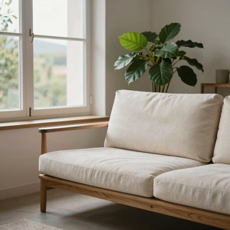 Detalle de un rincón minimalista del salón en Sant Celoni, con una butaca de madera clara, una planta verde suave y luz natural entrando por un gran ventanal.