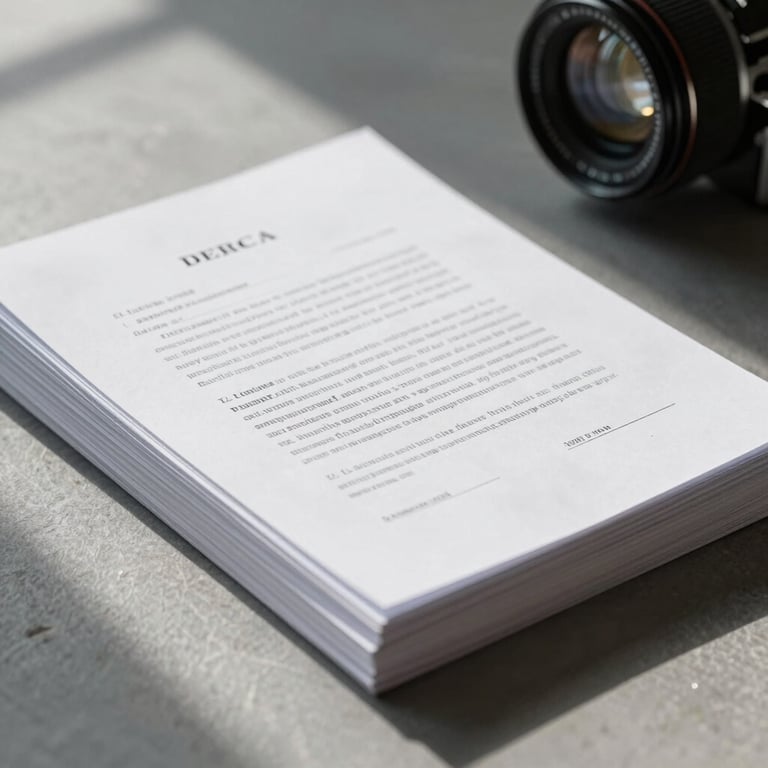A stack of legal transcripts on a clean surface, slate grey tones, bright natural light.