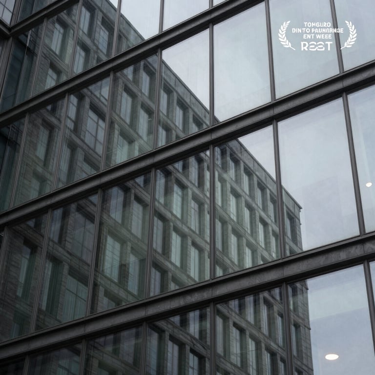 Abstract composition of a glass building reflecting sharp architectural lines in slate grey.