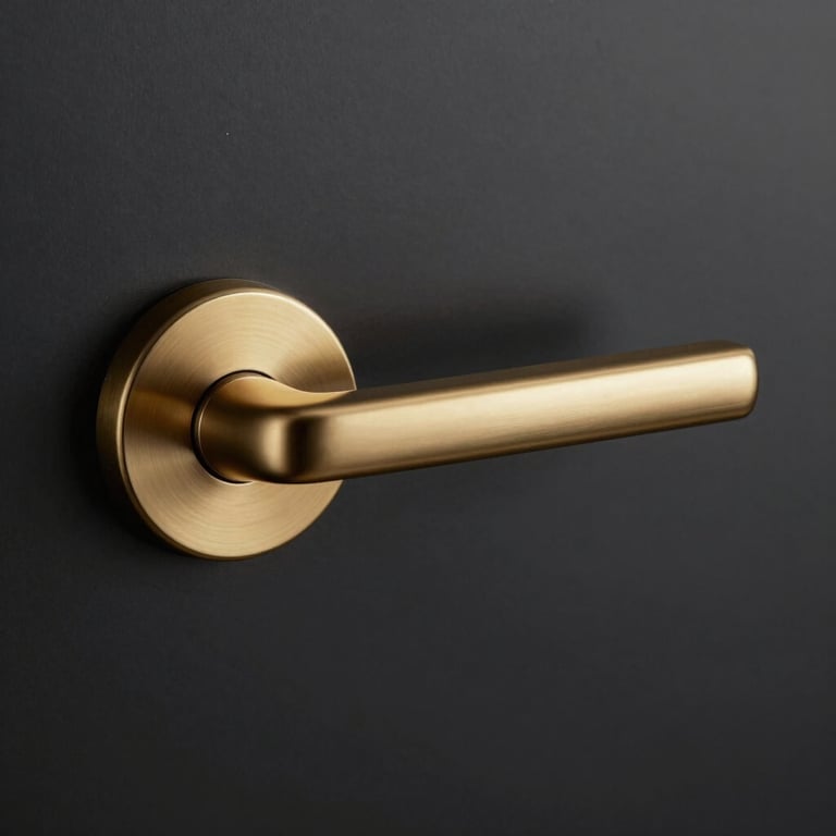 Close up of a refined interior door handle in muted gold against a dark, minimalist background.