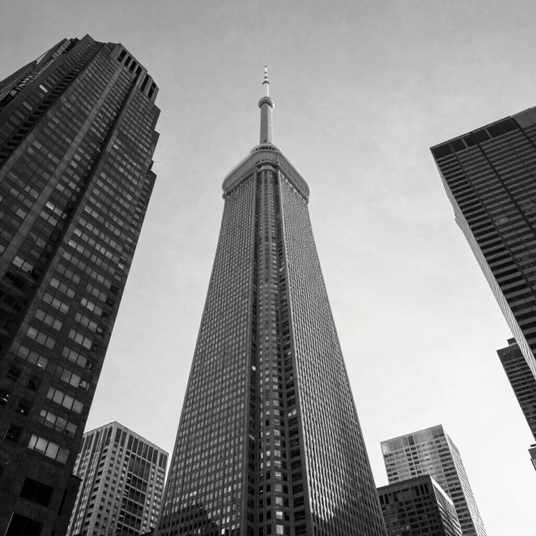 Upward view of Toronto skyscrapers against a pale sky, monochrome and professional.