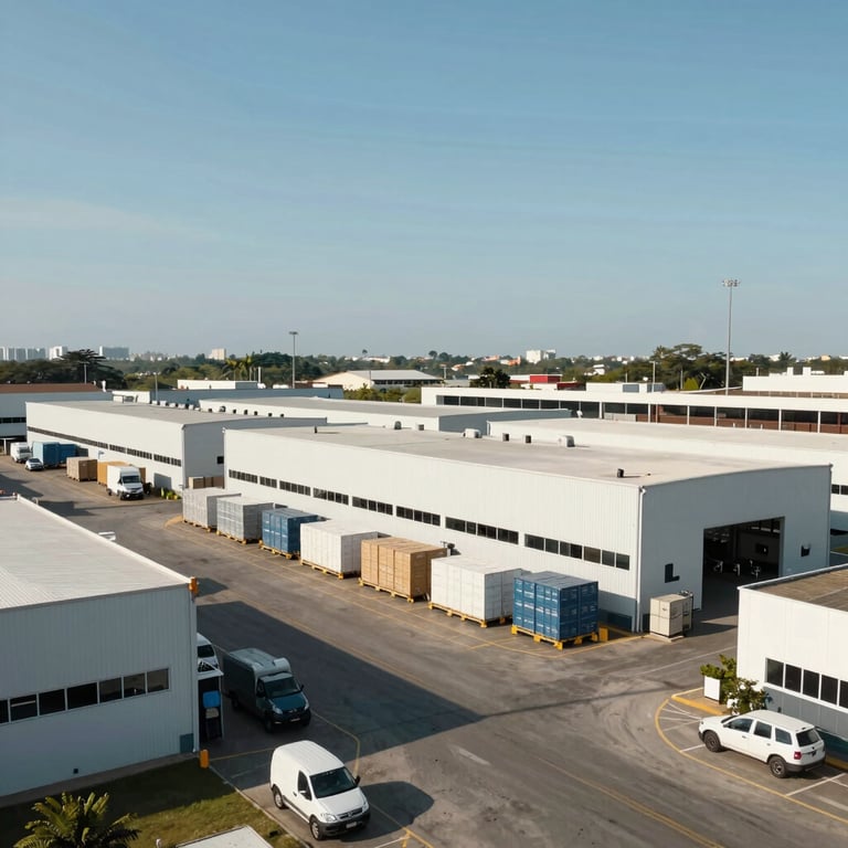 Wide shot of a logistical distribution center in Brazil with white and grey architecture under a bright, clear sky.