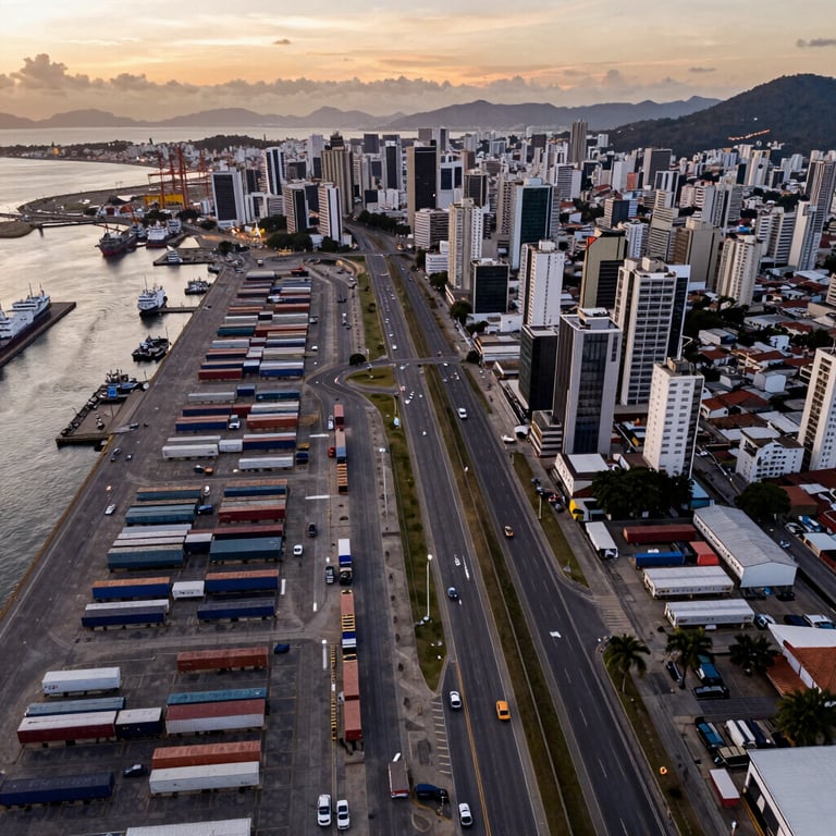 An aerial drone shot of a transport hub in a Brazilian port city, showing the integration of road and maritime logistics at sunset.