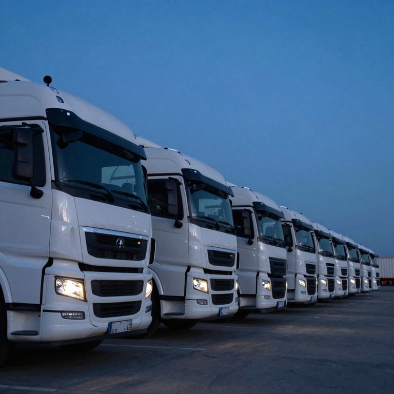 A long line of modern freight trucks parked in a shipping terminal at dawn, with a navy blue sky, showcasing scale and organization.