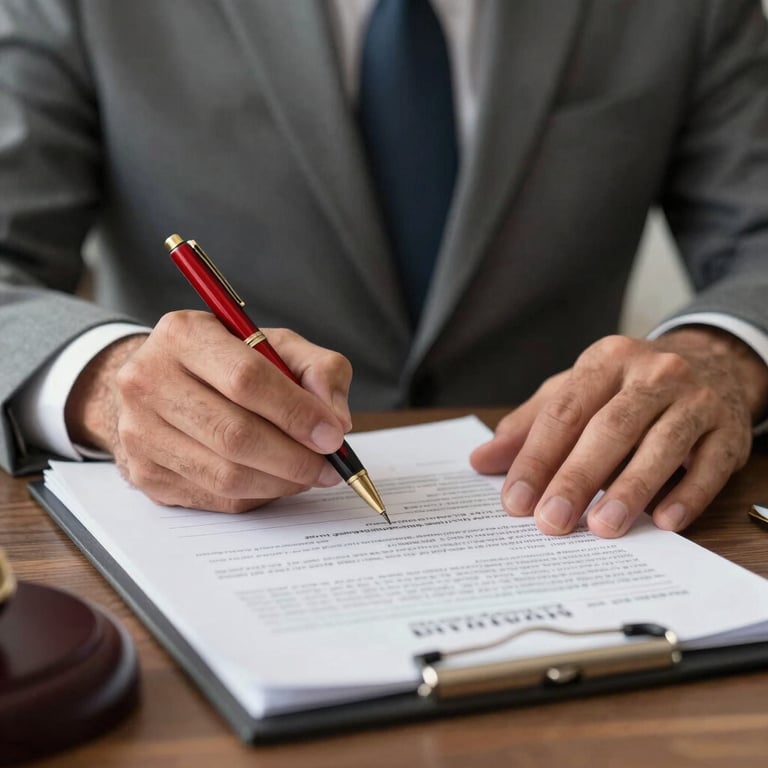 A professional South American lawyer in a grey suit analyzing a transport contract with a red pen, representing precision and legal expertise.