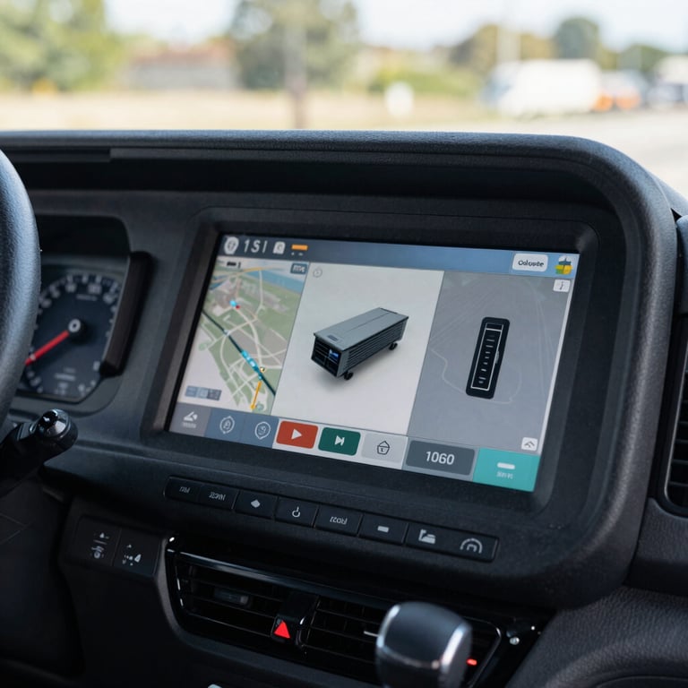 Detail shot of a modern digital dashboard inside a truck cabin, reflecting high-tech logistics and monitoring solutions.