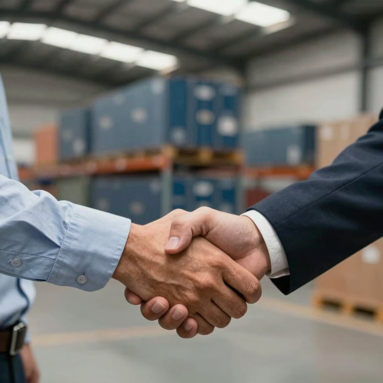 A close-up of a professional handshake between two businessmen in front of a modern logistics warehouse in Brazil, emphasizing trust and partnership.