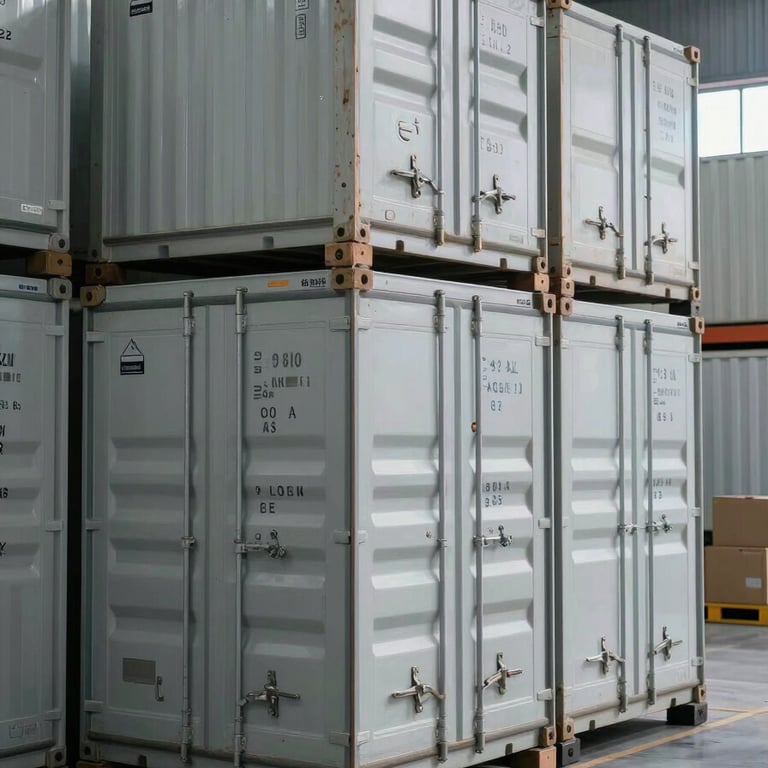A sleek, professional logistics warehouse with organized refrigerated containers prepared for international export.
